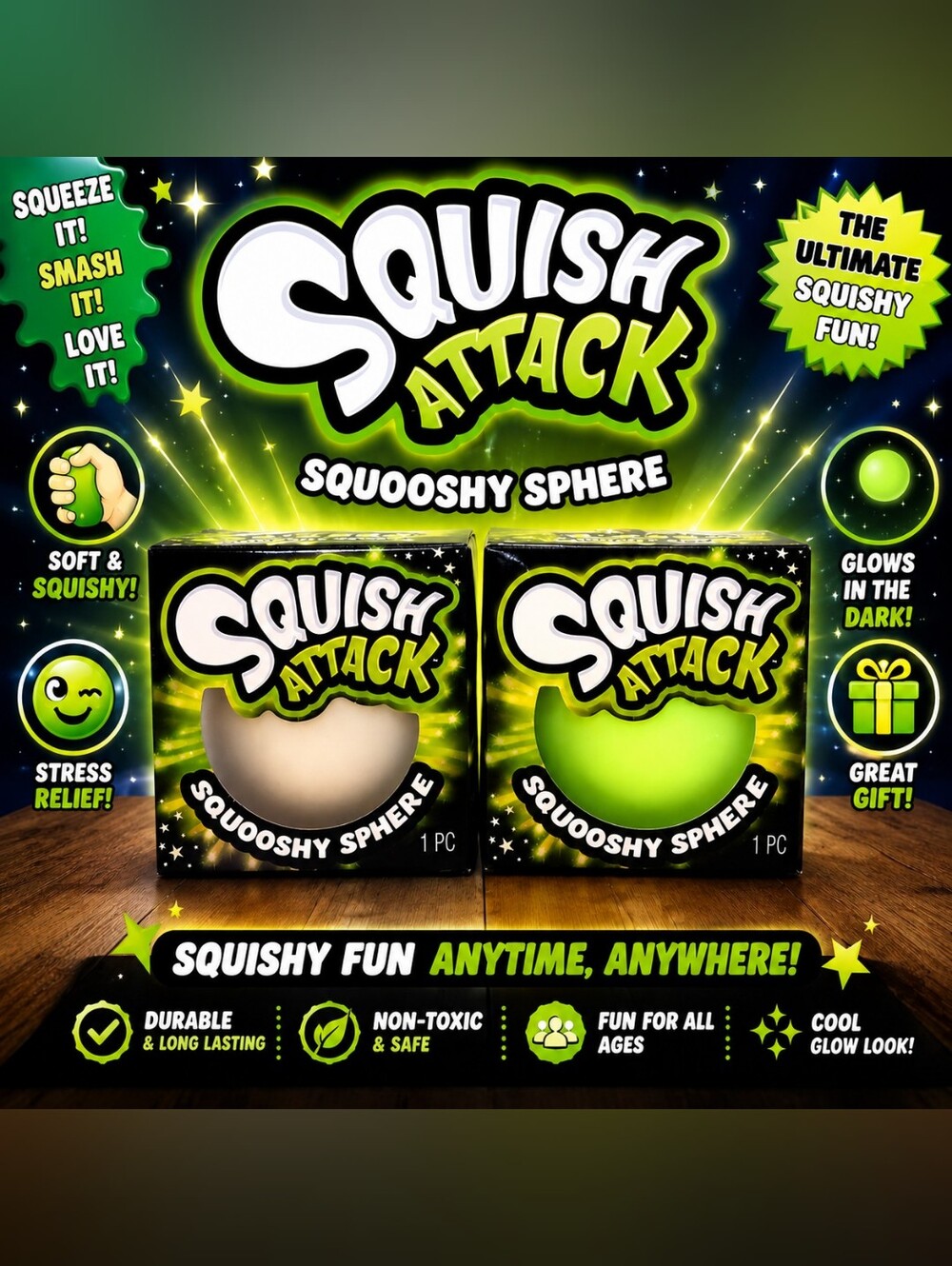 SQUISH ATTACK Squooshy Sphere "Glow In The Dark"- White & Green ⚪️🟢✨️